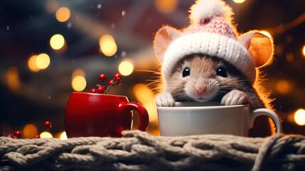 A cheerful cute mouse in a knitted hat drinks cocoa from a cup against the background of a winter forest with fir trees, snow and colorful lights. Postcard for the New Year holidays. - obrazy, fototapety, plakaty