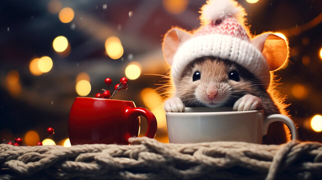 A cheerful cute mouse in a knitted hat drinks cocoa from a cup against the background of a winter forest with fir trees, snow and colorful lights. Postcard for the New Year holidays.