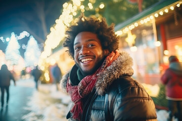 Portrait of happy African-American man on the street at Christmas time - obrazy, fototapety, plakaty