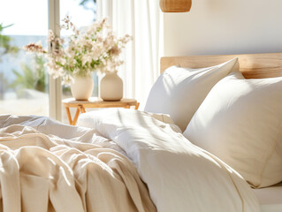Fototapeta na wymiar Close up of wooden bed with white and pastel beige bedding against window. Sunny morning mood. Scandinavian interior design of modern bedroom.