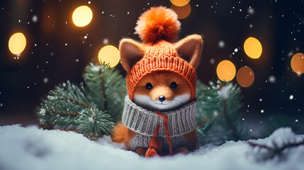 A cheerful cute fox in a knitted hat against the background of a winter forest with fir trees, snow and colorful lights. Postcard for the New Year holidays.