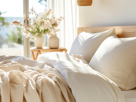 Close up of wooden bed with white and pastel beige bedding against window. Sunny morning mood. Scandinavian interior design of modern bedroom.