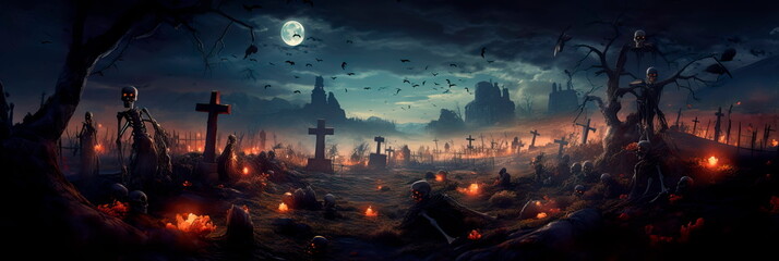 skeletons rising from graves from earth on halloween mystic