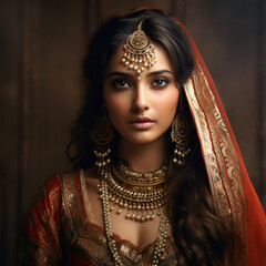 Portrait beautiful Indian woman in traditional jewelry, Generative AI