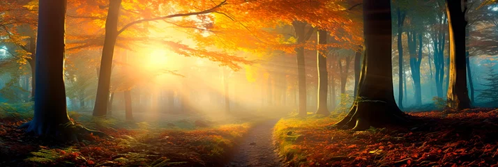 Foto op Aluminium breathtaking panorama of a colorful autumn forest, with vibrant foliage and sunlight filtering through the trees. Generative Ai © Maximusdn