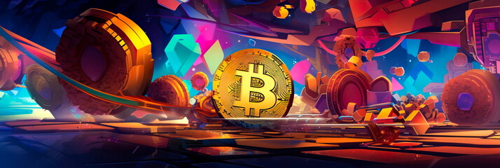 Abstract representation of Bitcoin mining, with colorful geometric shapes symbolizing the computational power required for mining operations.
