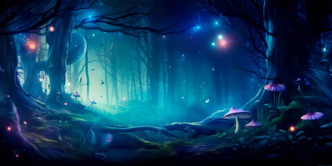 dreamy watercolor background with a blend of blues and purples, creating a mystical forest scene with fireflies and whimsical creatures. - obrazy, fototapety, plakaty
