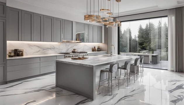 Premium luxury modern kitchen interior. Marble envelops just the central island of this grey and white kitchen