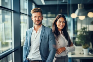 Fototapeta premium two happy professional business people team woman and man workers working at modern office