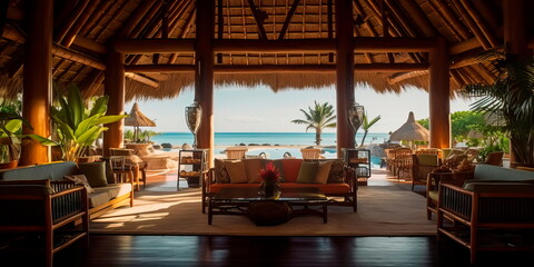 Tropical resort lobby with a thatched roof, wooden beams, and views of the ocean.