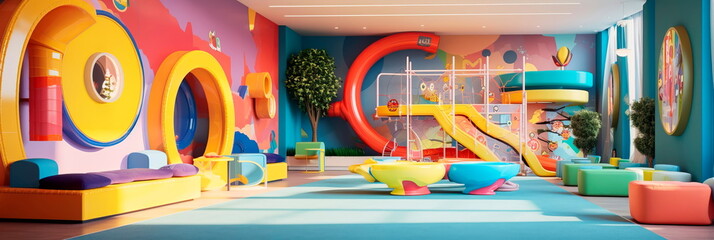 Whimsical and colorful children's play area in a hotel lobby with interactive games and toys. - obrazy, fototapety, plakaty