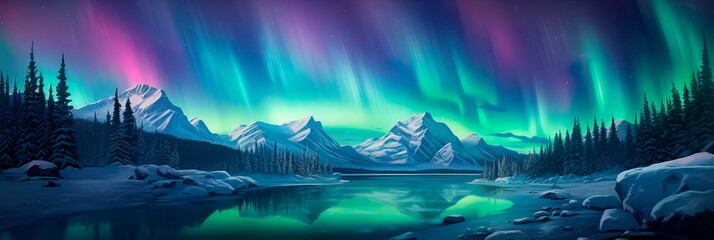 magical northern lights display over a snowy wilderness, where vibrant hues dance across the night sky