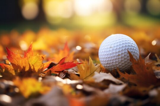 golf ball on autumn leaves close up shot