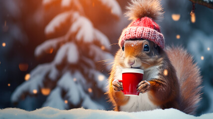 A cheerful cute squirrel in a knitted hat drinks cocoa from a cup against the background of a winter forest with fir trees, snow and colorful lights. Postcard for the New Year holidays. - obrazy, fototapety, plakaty