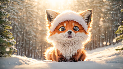 Obraz premium Cute cartoon fox in a hat in a snowy meadow