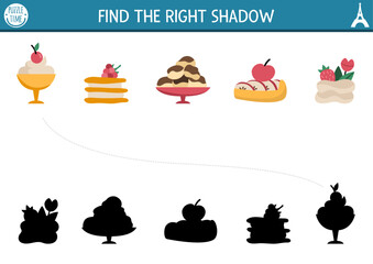 France shadow matching activity. Puzzle with traditional French desserts. Find correct silhouette printable worksheet. Funny page for kids with eclair, profiterole, merengue, mousse.