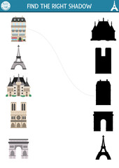 France shadow matching activity. French puzzle with Eiffel Tower, castle, Notre Dame, Triumphal arch. Find correct silhouette printable worksheet. Funny page for kids with traditional places
