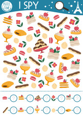 France I spy game for kids. Searching and counting activity with traditional French desserts. Printable worksheet for preschool children. Simple spotting puzzle with macaroon, mousse, eclair.