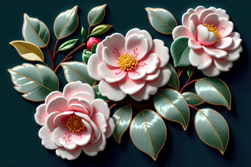 Embroidery camellia roses and leaves realistic illustration. Generative ai