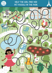 France maze for kids with girl in Luxembourg garden searching for her pet poodle. French preschool printable activity. Labyrinth game or puzzle with park scene, palace, traditional animals.