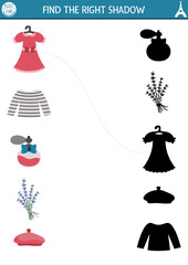 France shadow matching activity. French puzzle with dress, perfume, lavender, beret, stripy shirt. Find correct silhouette printable worksheet. Funny page for kids with traditional symbols.