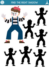 France shadow matching activity. Puzzle with mime in beret and stripy shirt. Find correct silhouette printable worksheet. Funny French page for kids.