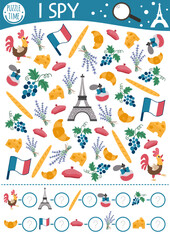 France I spy game for kids. Searching and counting activity with traditional symbols. French printable worksheet for preschool children. Simple spotting puzzle with Eiffel Tower, baguette, beret.