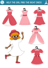 France matching activity. Puzzle with girl in pink dress. Find correct clothes printable worksheet. Funny page for kids with woman in hat and beautiful gown.