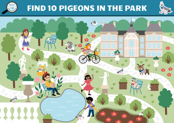 Vector French searching game with city landscape, park, people, animals. Spot hidden pigeons in the picture. Simple France seek and find educational printable activity for kids.