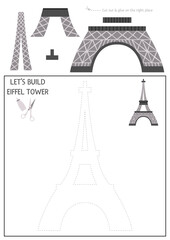 Vector France cut and glue activity. Crafting game with cute Paris city sight. Fun printable worksheet for kids. Find the right piece of the puzzle. Complete the picture. Let’s build Eiffel Tower.