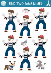 Find two same mimes. Matching activity for children with French traditional street artist in beret and animals. France educational quiz worksheet for kids for attention skills. Simple printable game.