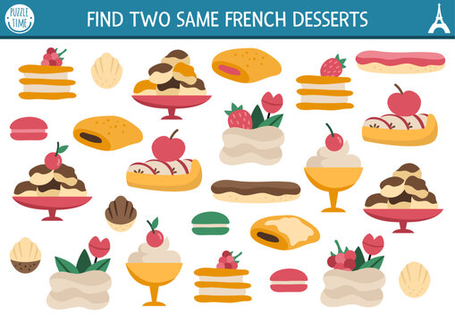 Find two same French desserts. Traditional pastry matching activity for children. France educational quiz worksheet for kids for attention skills. Simple printable game with cute eclair, profiterole