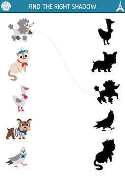 France shadow matching activity. Puzzle with traditional French animals and birds. Find correct silhouette printable worksheet. Funny page for kids with poodle, bulldog, goose, pigeon .