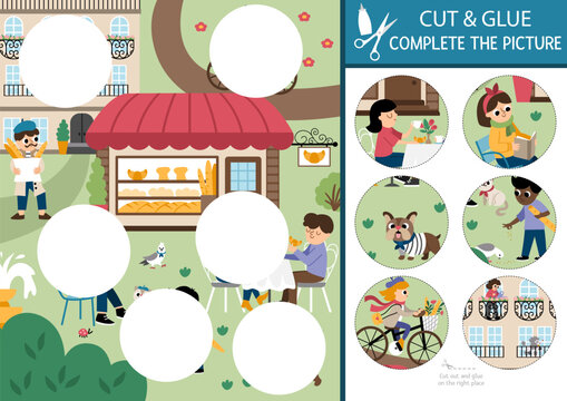 Vector France cut and glue activity. Crafting game with cute Paris city landscape, people, bakery. Fun printable worksheet for kids. Find the right piece of the puzzle. Complete the picture.