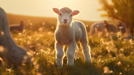 Lamb on the meadow on a sunset view. AI generated image