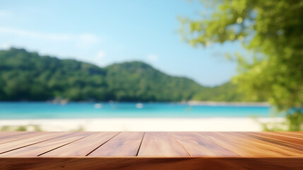 Fototapeta na wymiar wood table, sea background blur, Beautiful