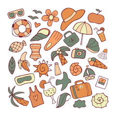 Set of cute summer icons isolated on white backgroun. Tropical holidays. Summer beach. Vector illustration.