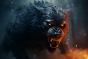 Nightmare Unleashed: Fearsome Werewolf Roams the Mystic Forest, Fire in Its Wake. Generative ai