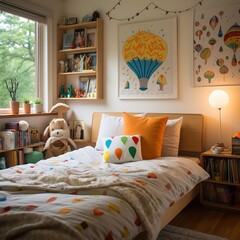 Bed with stylish linens in children's room