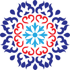 Mandala design concept of Rangoli with flower petals, circles and Leaves is in black and white background
