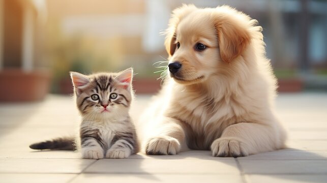 Cat and dog sit down together isolated blur background. AI generated image