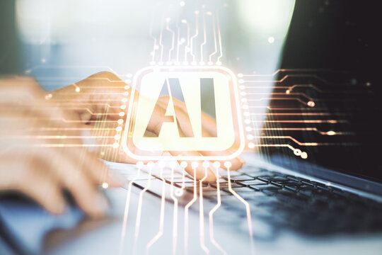 Creative artificial Intelligence symbol concept with hands typing on laptop on background. Multiexposure