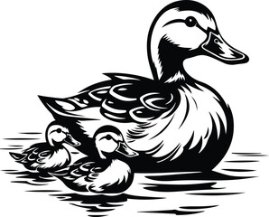 Mama Duck And Babies Logo Monochrome Design Style - obrazy, fototapety, plakaty
