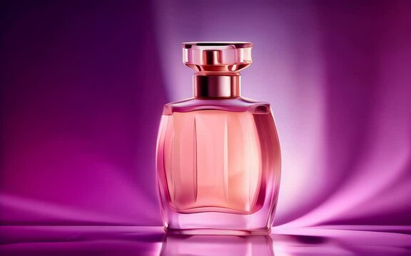 Pink bottle of perfume on a pink and purple background