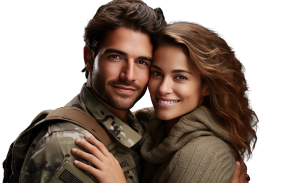 Realistic Depiction of a Smiling Army Man and Wife on a Clear Surface or PNG Transparent Background.