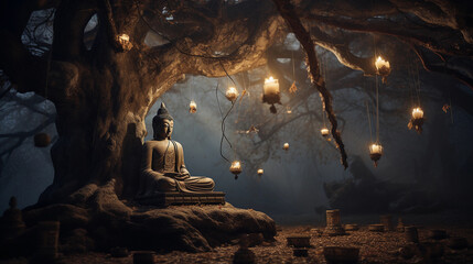 Bodhi Tree under the full moon, serene atmosphere, Tibetan prayer flags, wooden statue of Buddha, ambient temple lighting