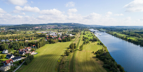 View of the Vistula River from a drone. Tyniec area. Poland