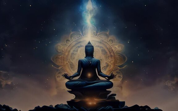 Stone abstract statue of buddha with mandala esoteric background