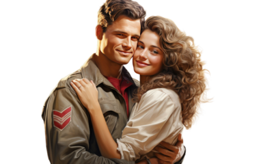 Realistic Army Homecoming with Beautiful Wife on a Clear Surface or PNG Transparent Background.