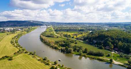 View of the Vistula River from a drone. Tyniec area. Poland